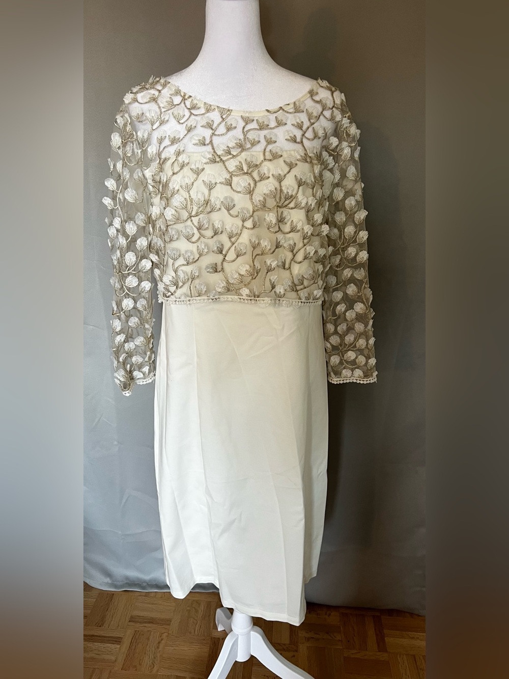 Ivory Embroidered Long-Sleeve Cocktail Dress